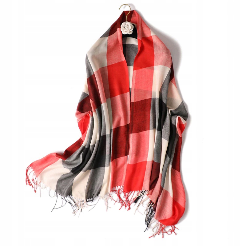 

Duży Szal szalik kaszmirowy Kaszmir Krata Frędzle