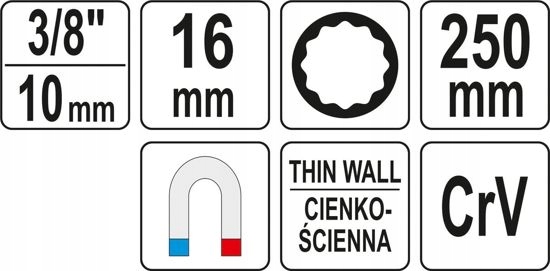 YATO NASADKA DO ŚWIEC 16mm/250mm DŁUGA 3/8'' Rozmiar klucza 16 mm