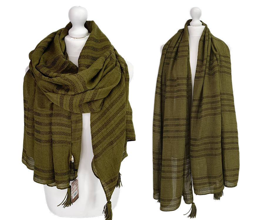 DUŻY LNIANY SZAL SZALIK MIĘSISTY CIEPLUTKI POMPONY