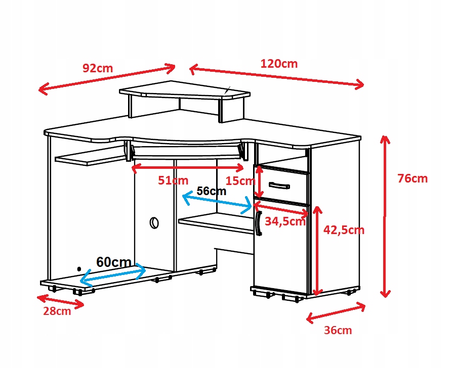 Pojemne Biurko narożne ROT/ półki, szuflady Wybór Szerokość mebla 120 cm