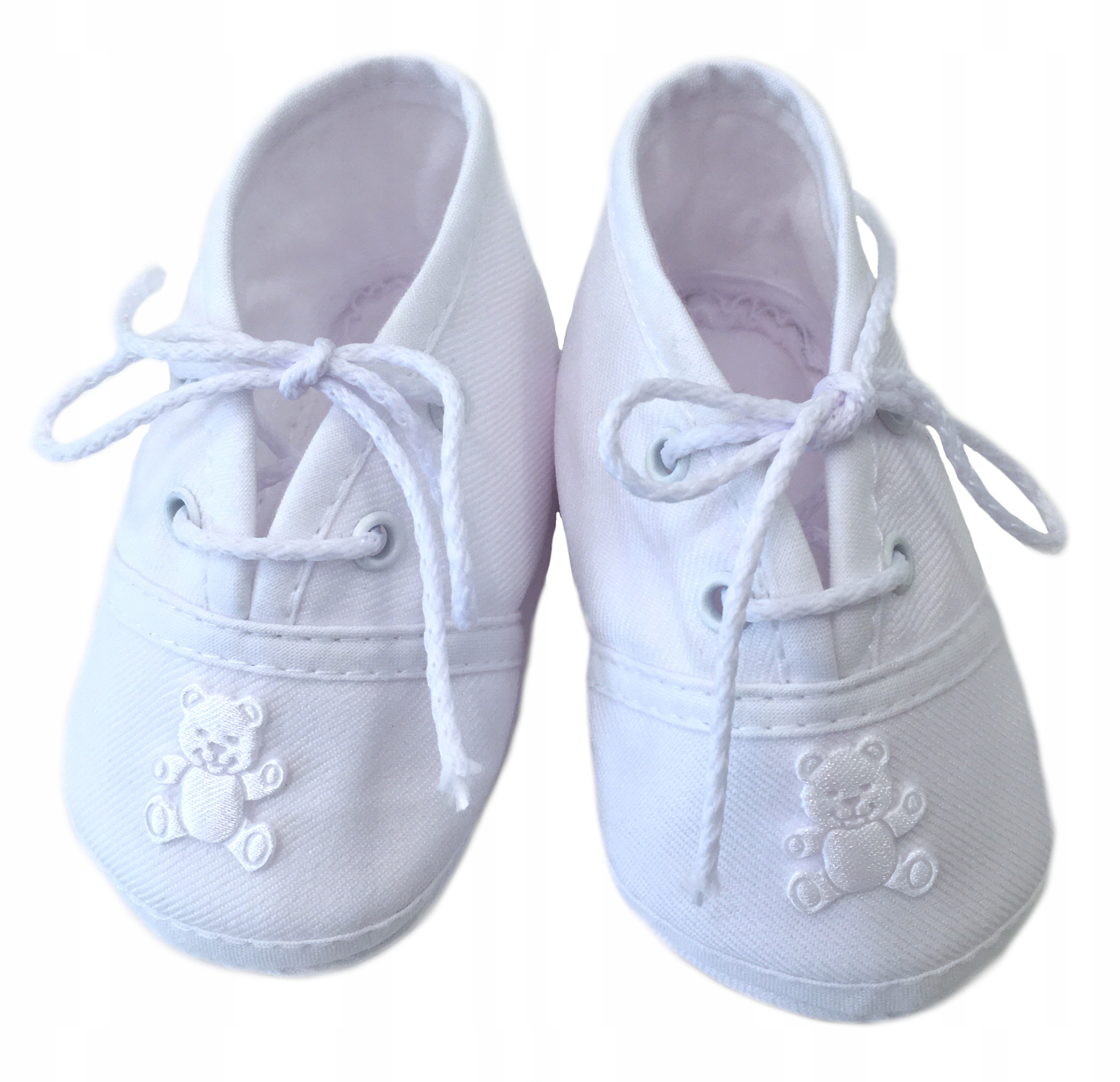 BUCIKI niemowlęce białe z misiem wiązane 10 cm