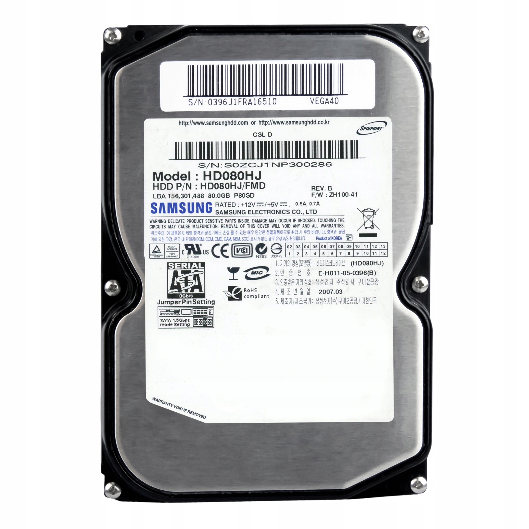 

Samsung 80GB 7.2K 8MB Sata II 3.5'' HD080HJ