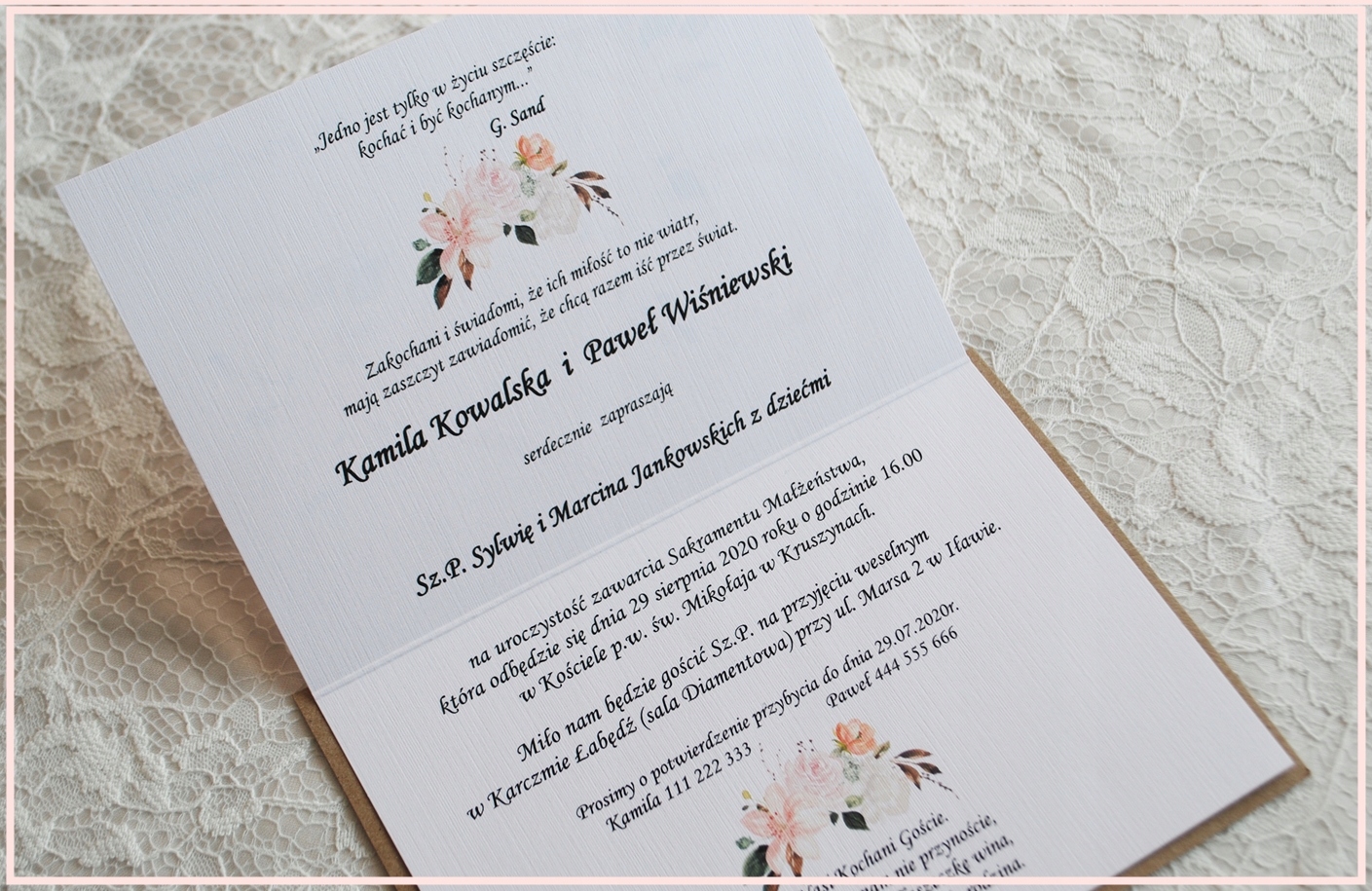 eko ZAPROSZENIA ŚLUBNE RUSTYKALNE KWIATY + KOPERTA Grubość papieru 250 g