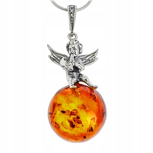 Stříbrný Přívěsek Amorek s Velkým Jantarem ze Stříbra 925 dárek Den Žen