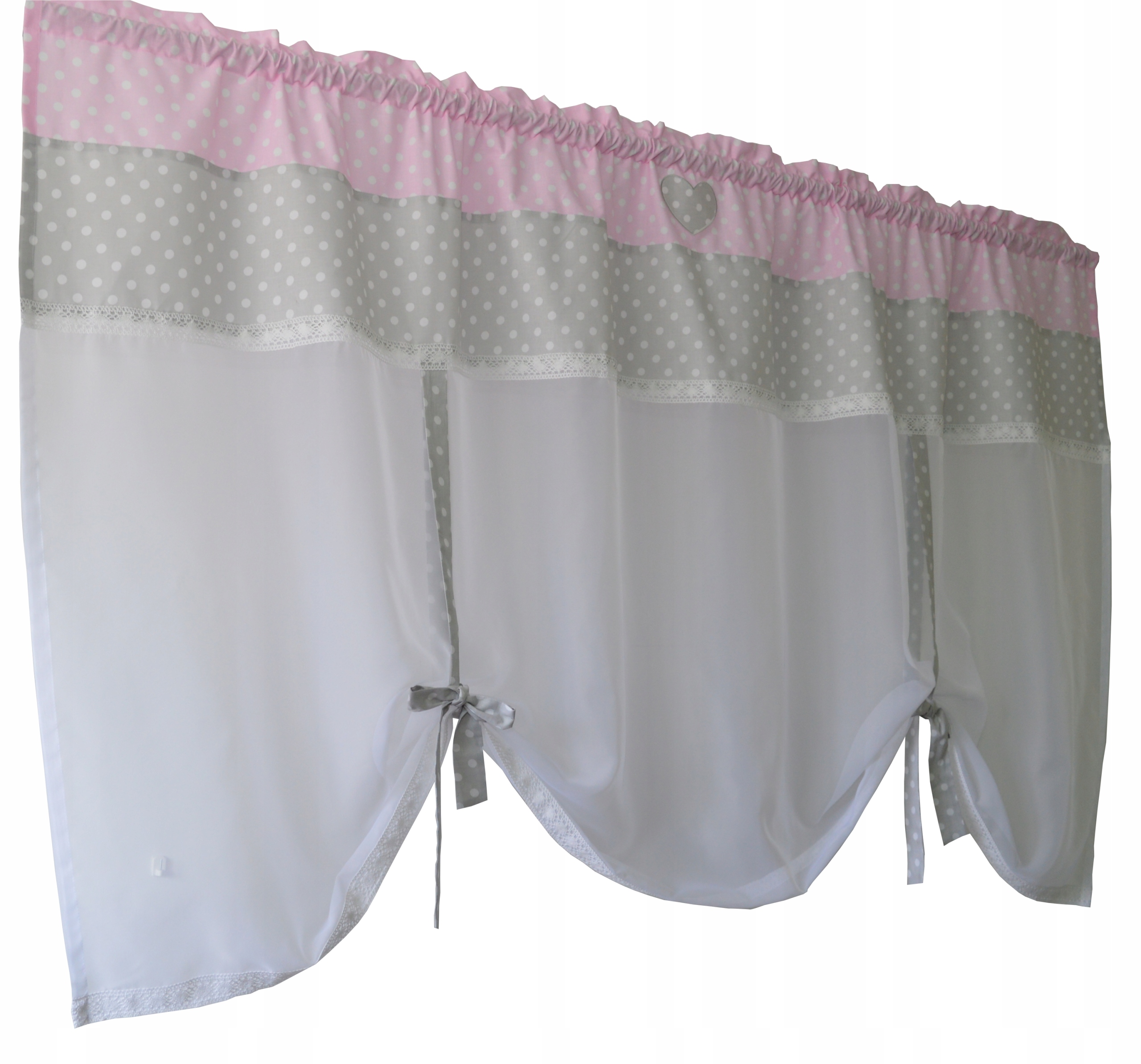 

Firana Shabby chic bawełna szara róż grochy k.1,5