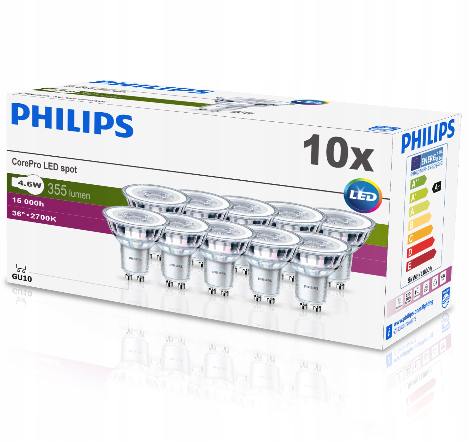

10x Żarówka Led Halogen GU10 4,6W Philips 2700K