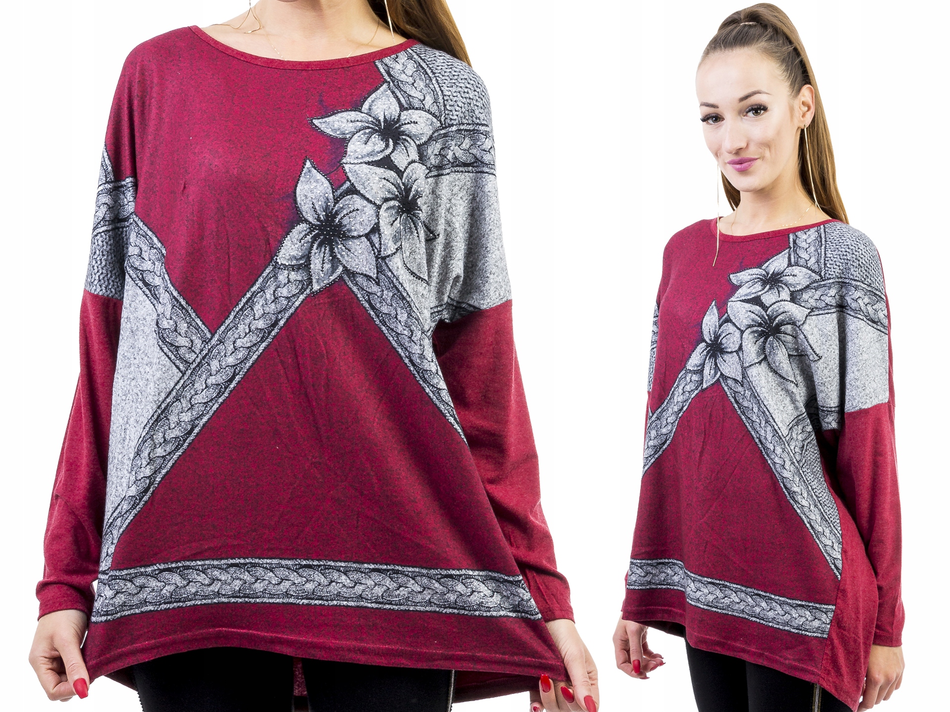 

T1010 Big Size Tunika Bluzka Lilie Bordo r. Uni