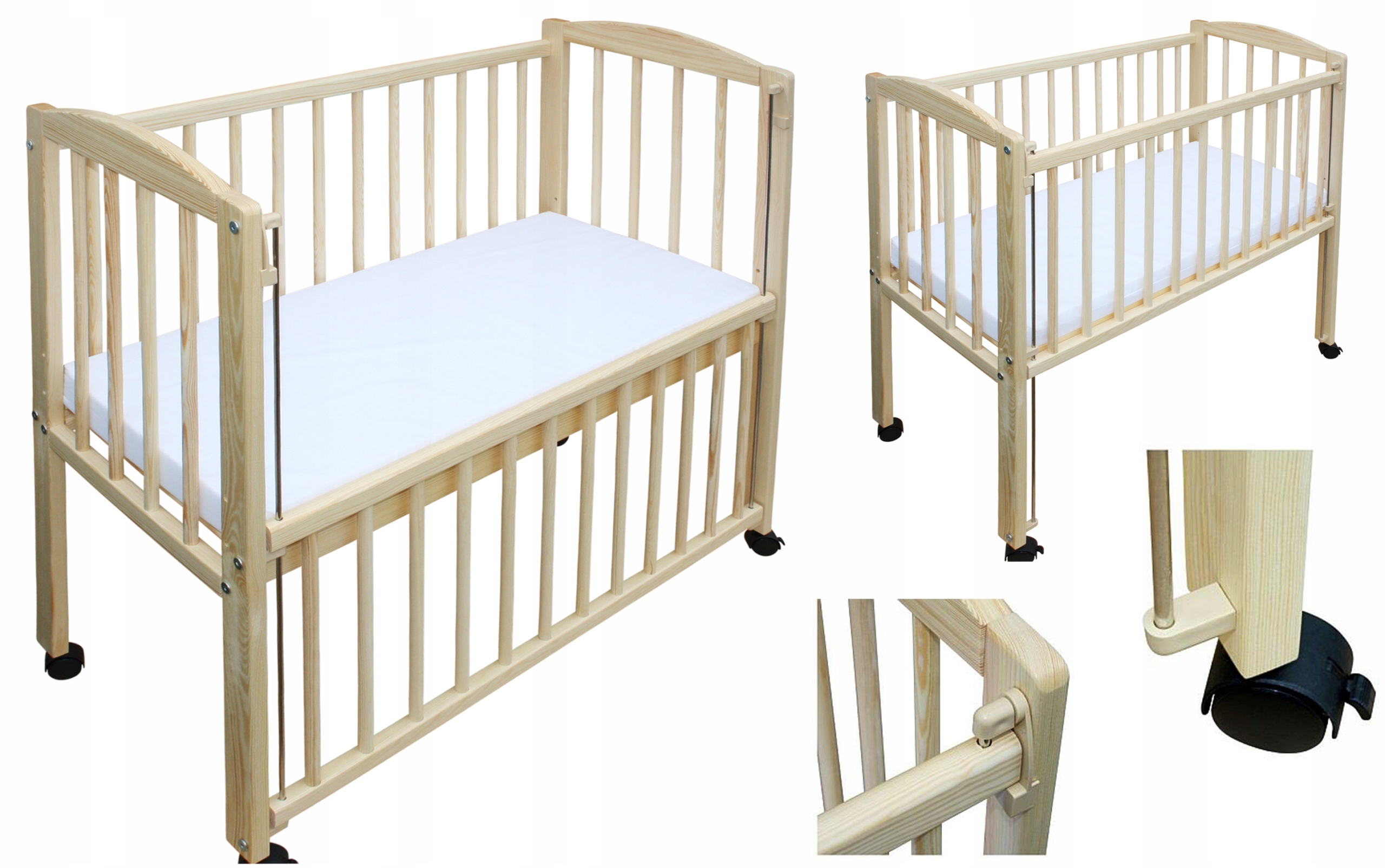 ŁÓŻECZKO DOSTAWNE DOSTAWKA SOSNA + MATERAC + KÓŁKA