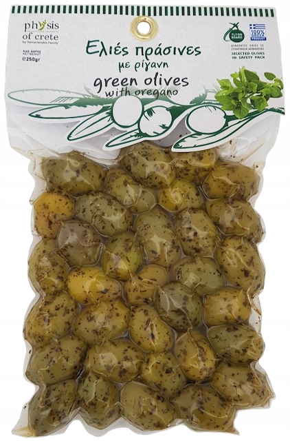 

Greckie zielone oliwki niedrylowane z oregano 250g