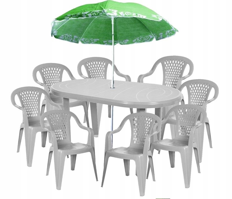 MEBLE OGRODOWE 8+1+PARASOL SZARY STÓŁ KRZESŁA
