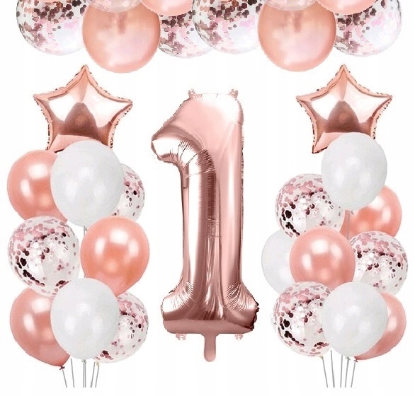 

Balony z konfetti ozdoby na 1 roczek Hel rosegold