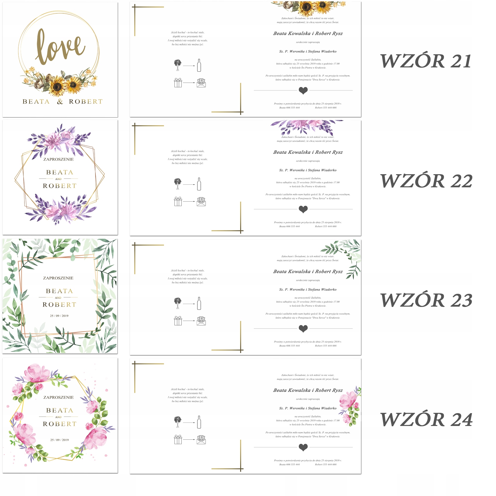 Zaproszenia Ślubne XL kwiaty koperta WZORY Zdobienie brak