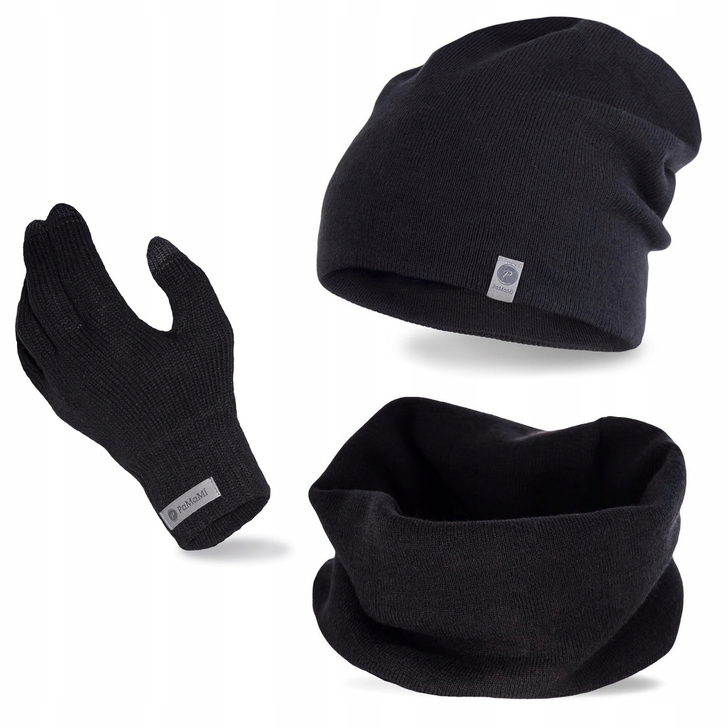 

Czarny komplet Czapka Beanie +komin+rękawice dotyk