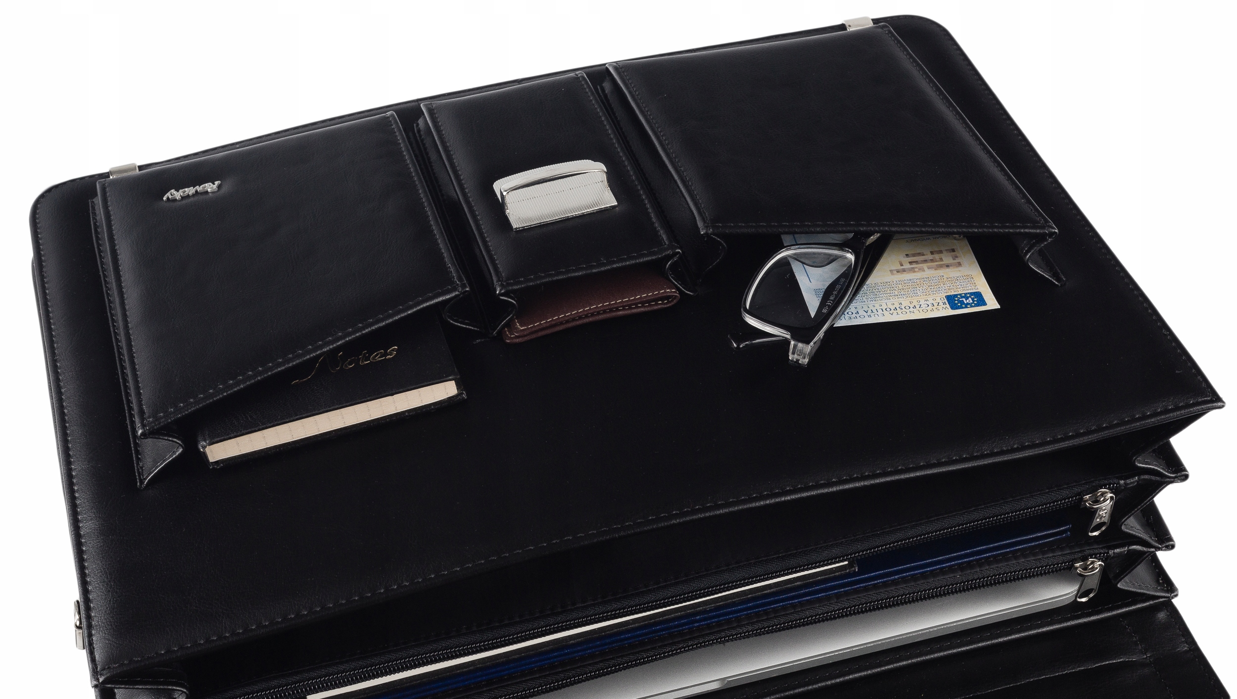 elegancka aktówka skórzana eko trzy komory jakość! Cechy dodatkowe miejsce na długopis miejsce na laptopa nóżki ochronne zamek na kluczyk