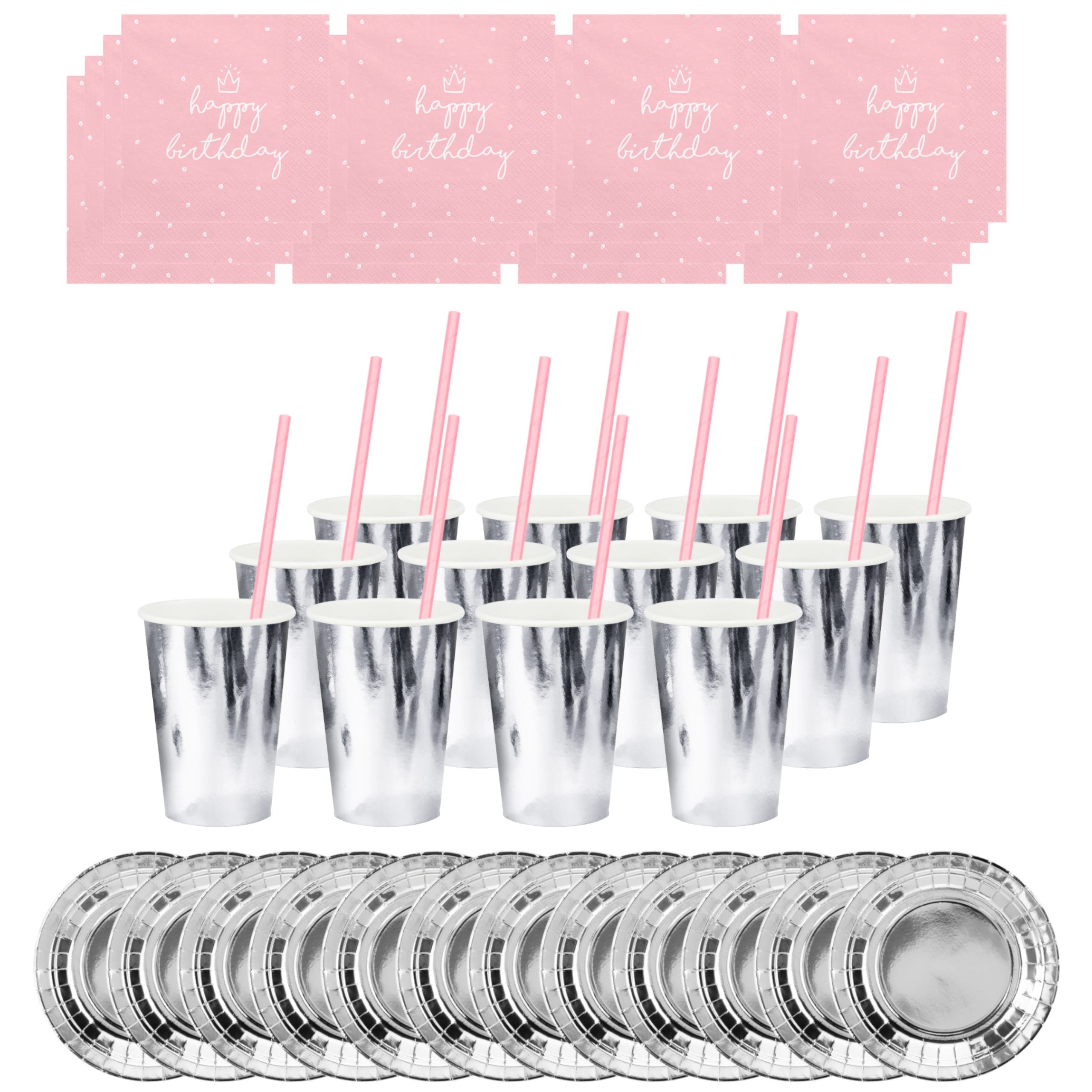 Zestaw Talerzyki Kubki Serwetki Słomki - srebrny