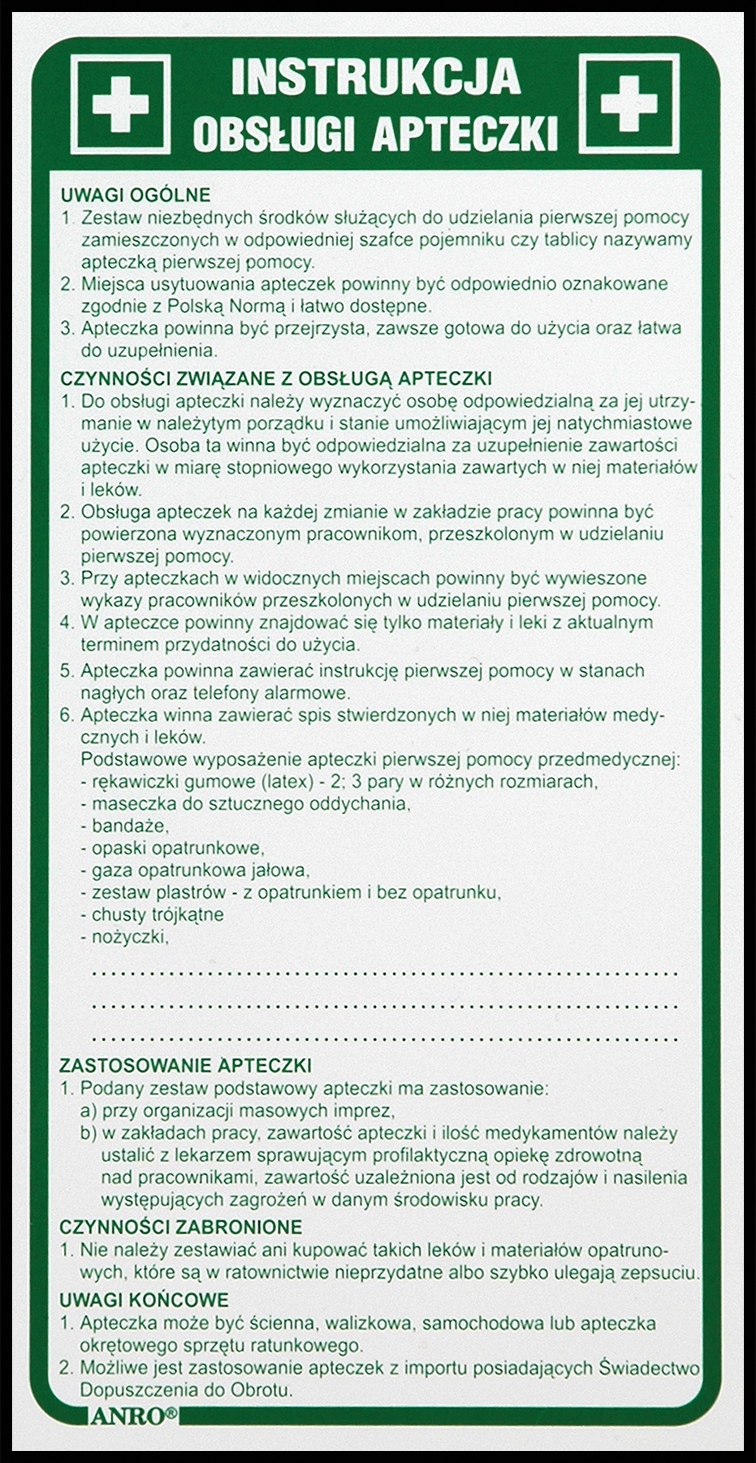 INSTRUKCJA OBSŁUGI APTECZKI płyta PCV znak BHP