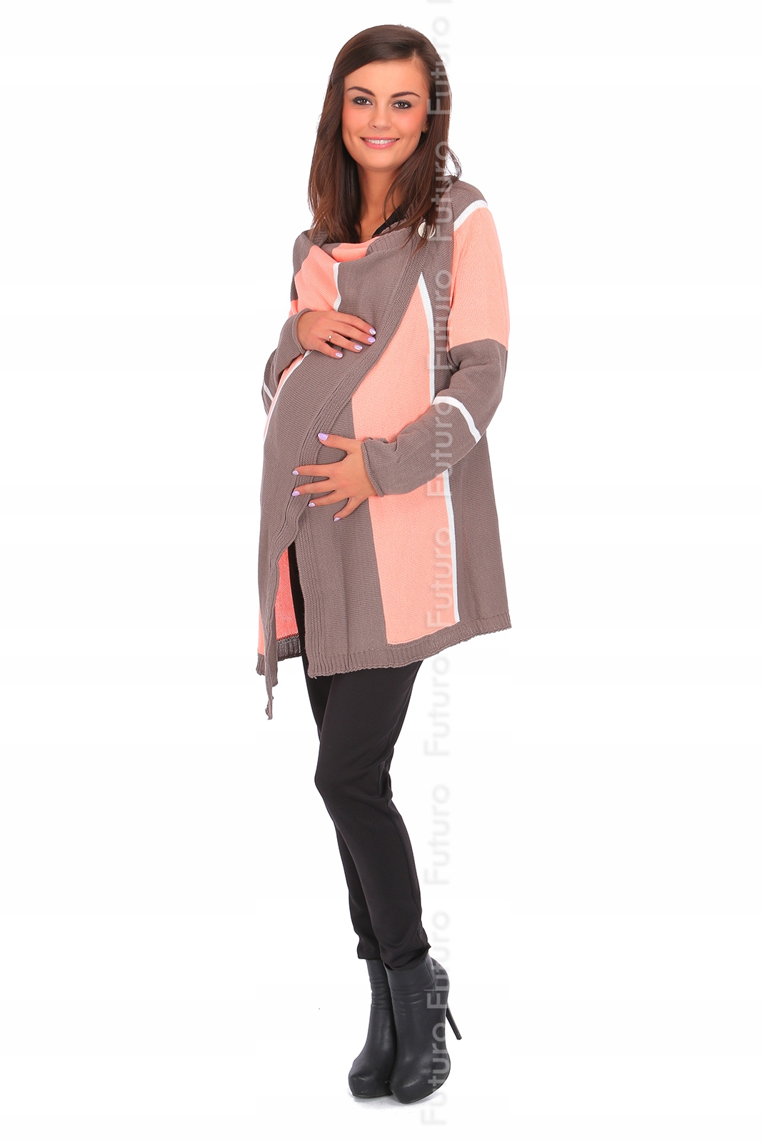 CIEPŁY KARDIGAN CIĄŻOWY SWETER PASKI PONCZO MV176
