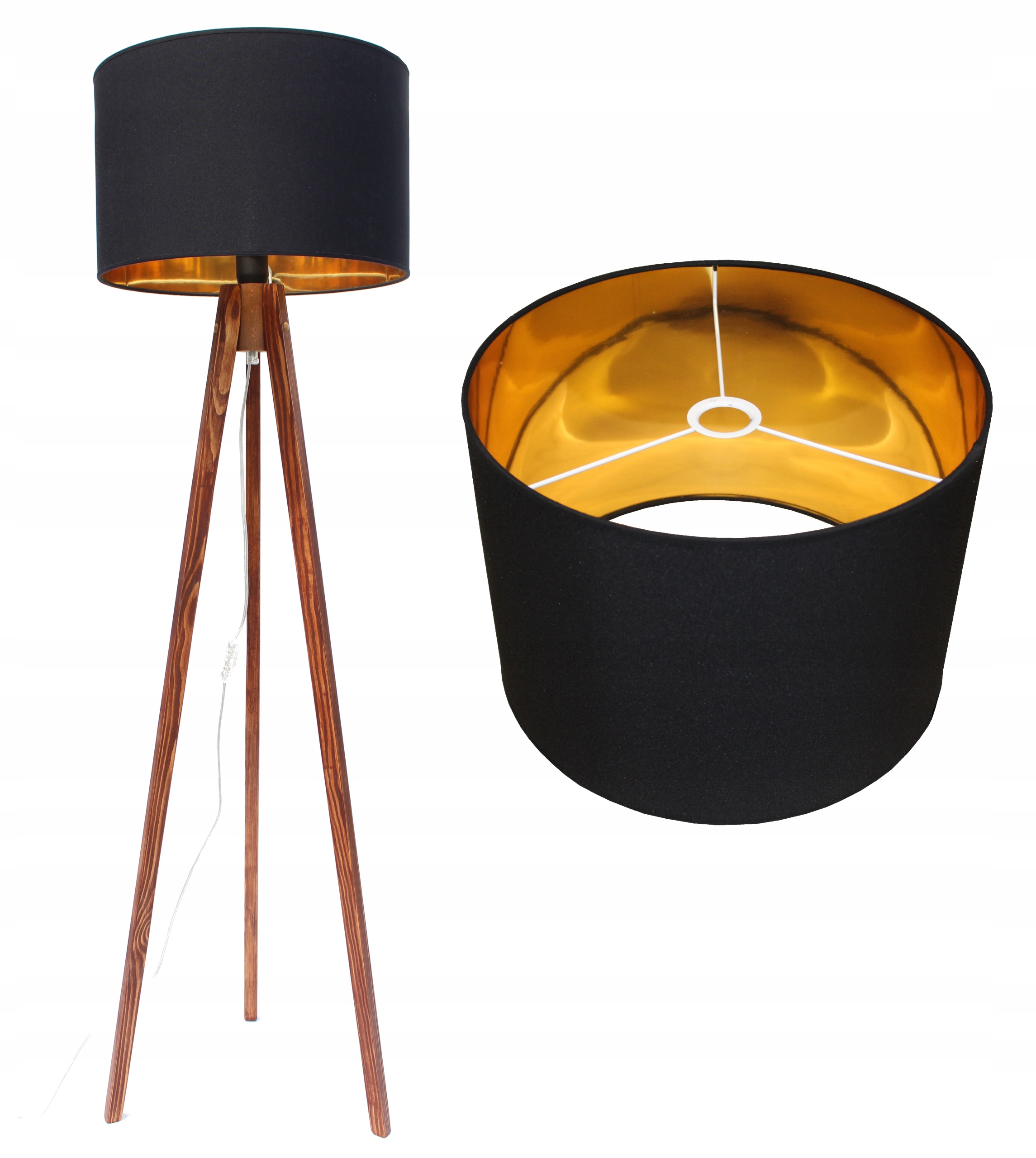 

Lampa Stojąca Podłogowa Drewno Abażur Złoty L 40