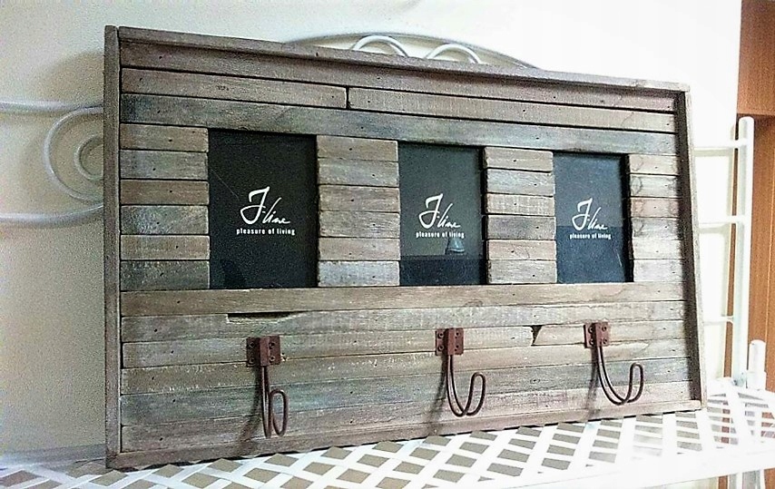 RAMKA ŚCIENNA NA 3 ZDJĘCIA rustykalna + 3 WIESZAKI Materiał drewniane