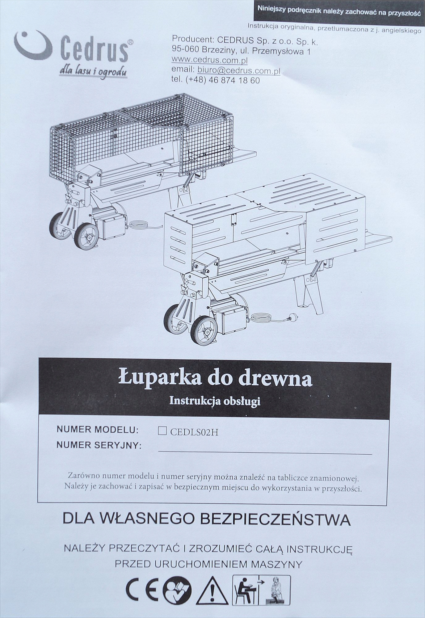 MOCNA ŁUPARKA RĘBAK DO DREWNA CEDRUS 7 TON 2300W Marka Cedrus