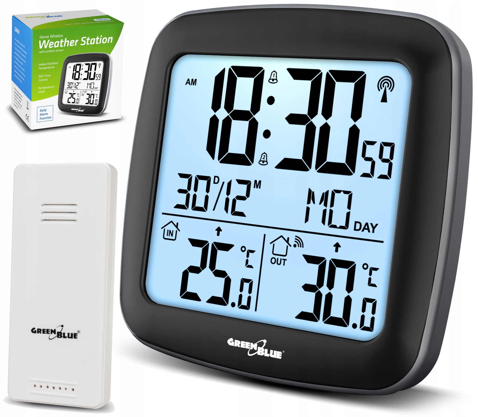 STACJA POGODY DCF POGODOWA ZEGAR TERMOMETR BUDZIK CZUJNIK GreenBlue GB542
