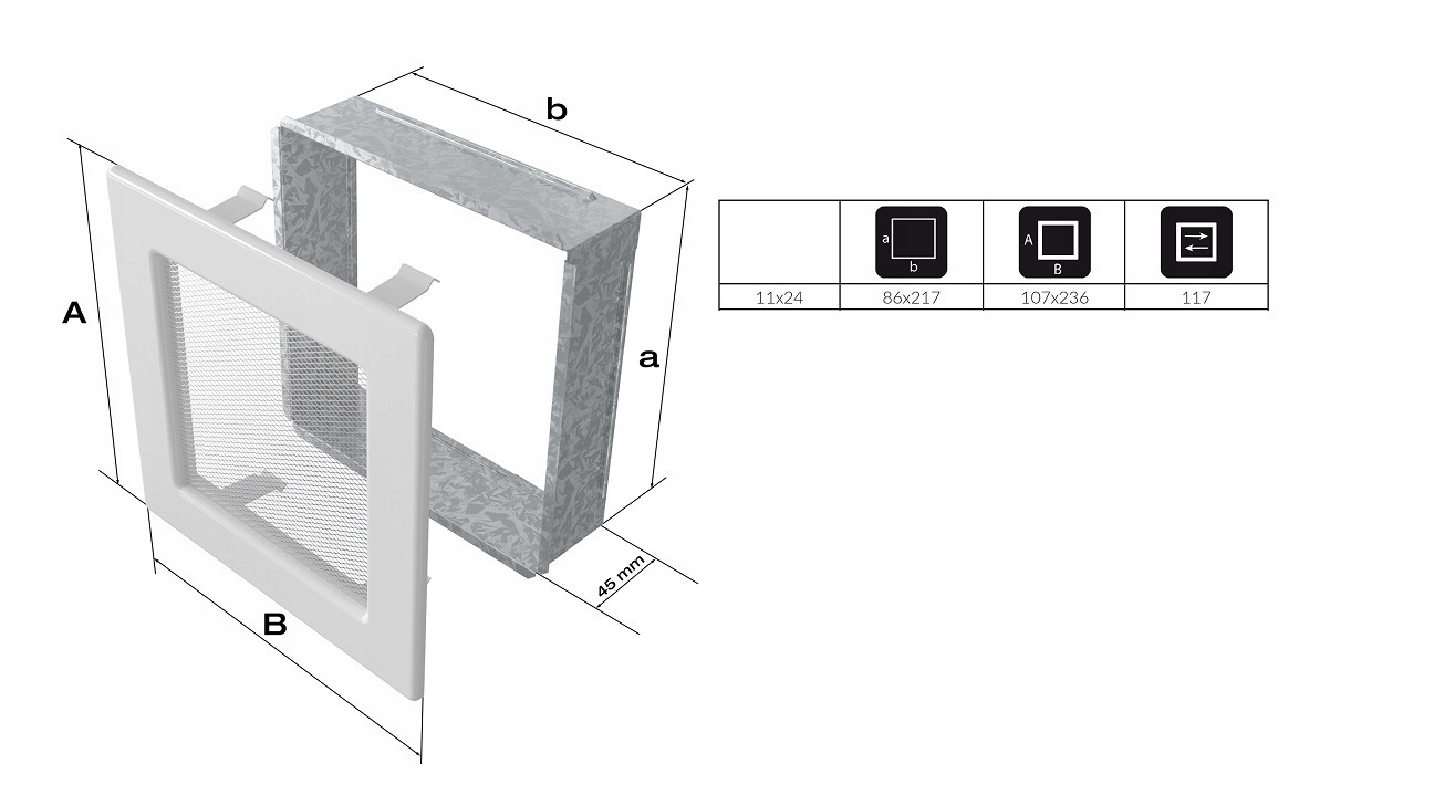 KRATKA KOMINKOWA WENTYLACYJNA 11x24 czarna z siatką metalowa z kieszenią Typ kratki malowana