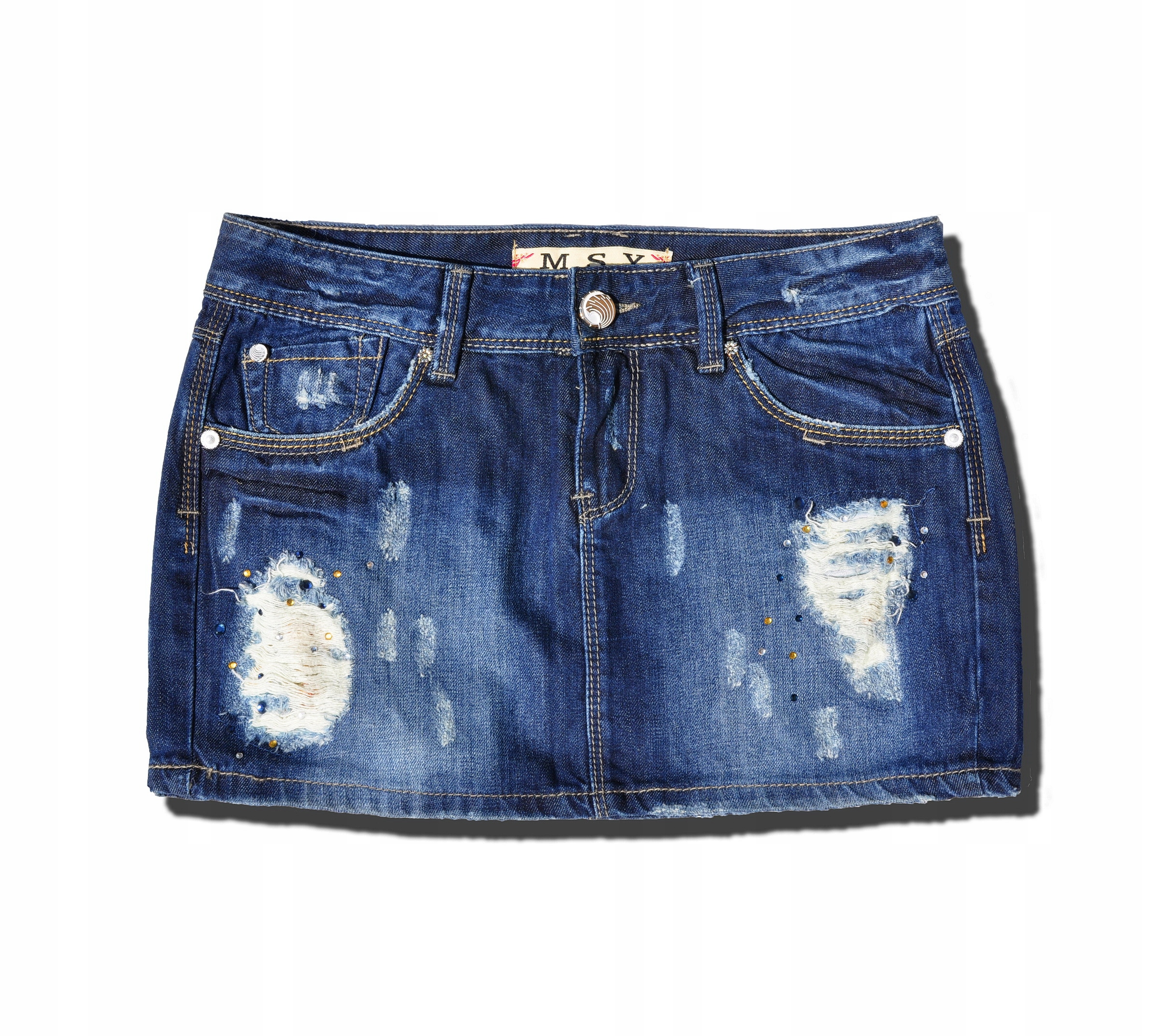 JM819 Spódniczka Jeans Mini Przetarcia Cyrkonie XS Wzór dominujący bez wzoru