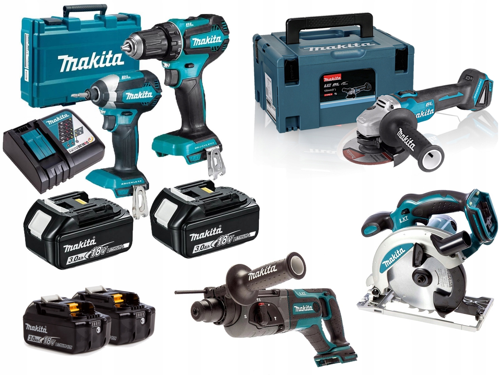 Makita Zestaw Combo 5x Narzędzia 18V 6x Aku 3.0ah