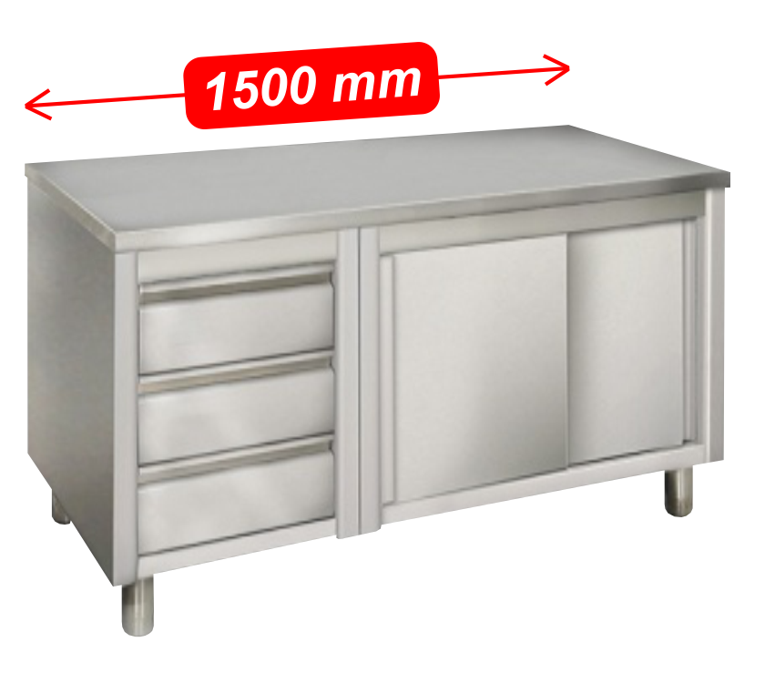 STÓŁ ROBOCZY NIERDZEWNY SZAFKA + PÓŁKA INOX 150 CM Szerokość produktu 150 cm