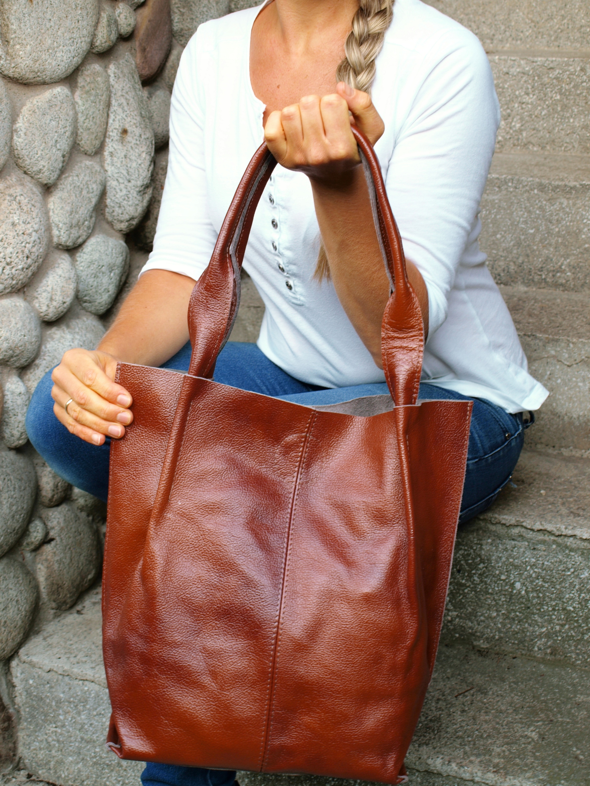 TOREBKA SKÓRZANA SHOPPER SKÓRA BRĄZOWO-RUDA Kolor okuć srebrny