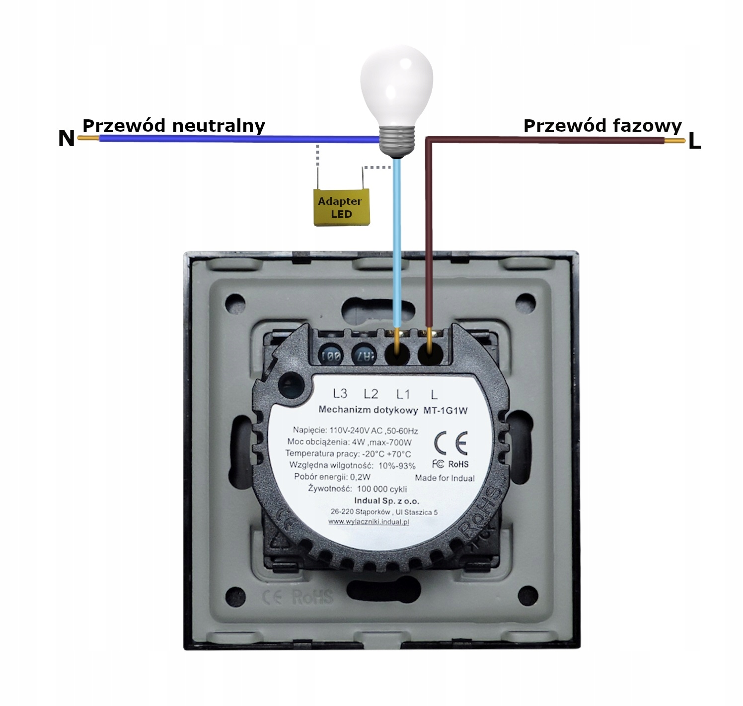 WŁĄCZNIK DOTYKOWY SZKLANY POJEDYNCZY Z GNIAZDEM Z KLAPKĄ IP44 CZARNY Rodzaj produktu wyłącznik pojedynczy