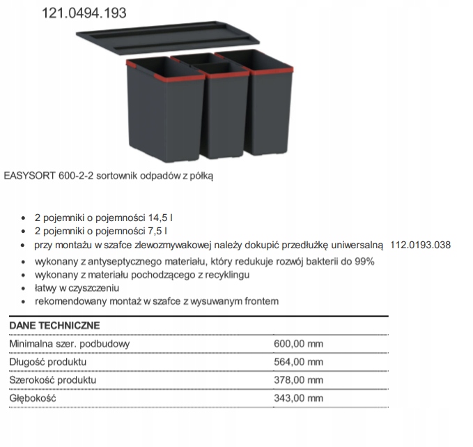 Franke Sortownik odpadów Kosz EasySort 600-2-2 Rodzaj kosz
