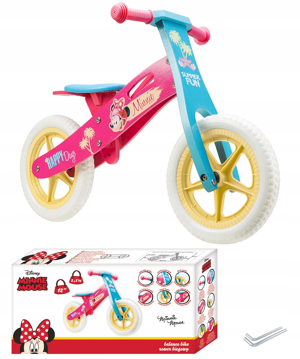 Rowerek Biegowy Drewniany Myszka Minnie Różowy Dla Dzieci Lekki 12''