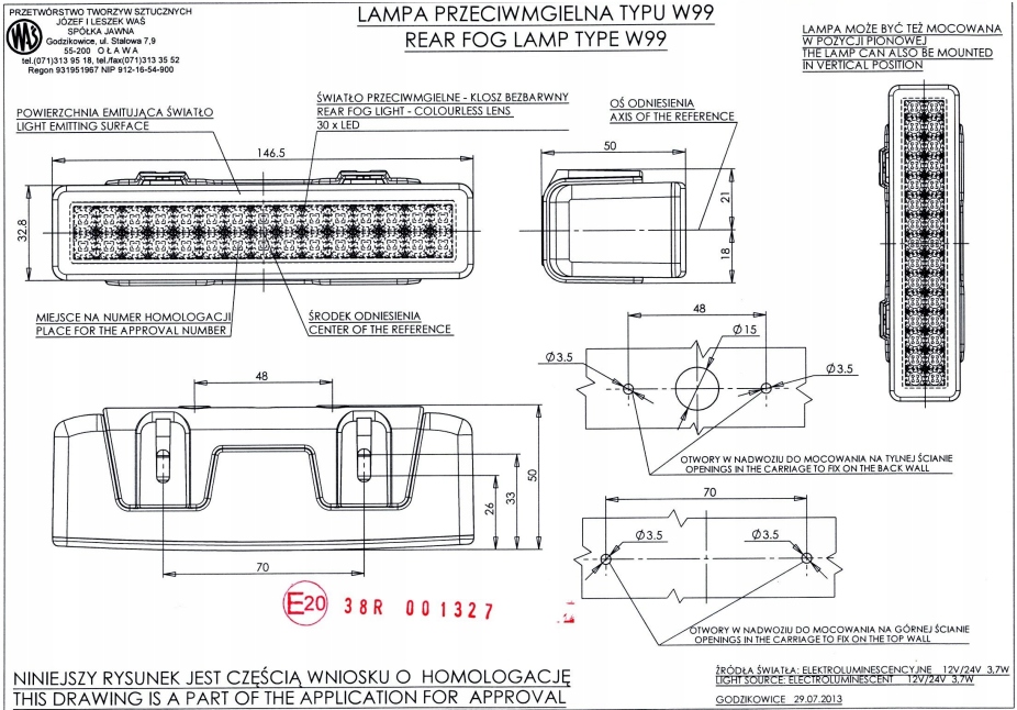 LAMPA PRZECIWMGIELNA TYLNA LED W99 WAS Parts manufacturer WAS