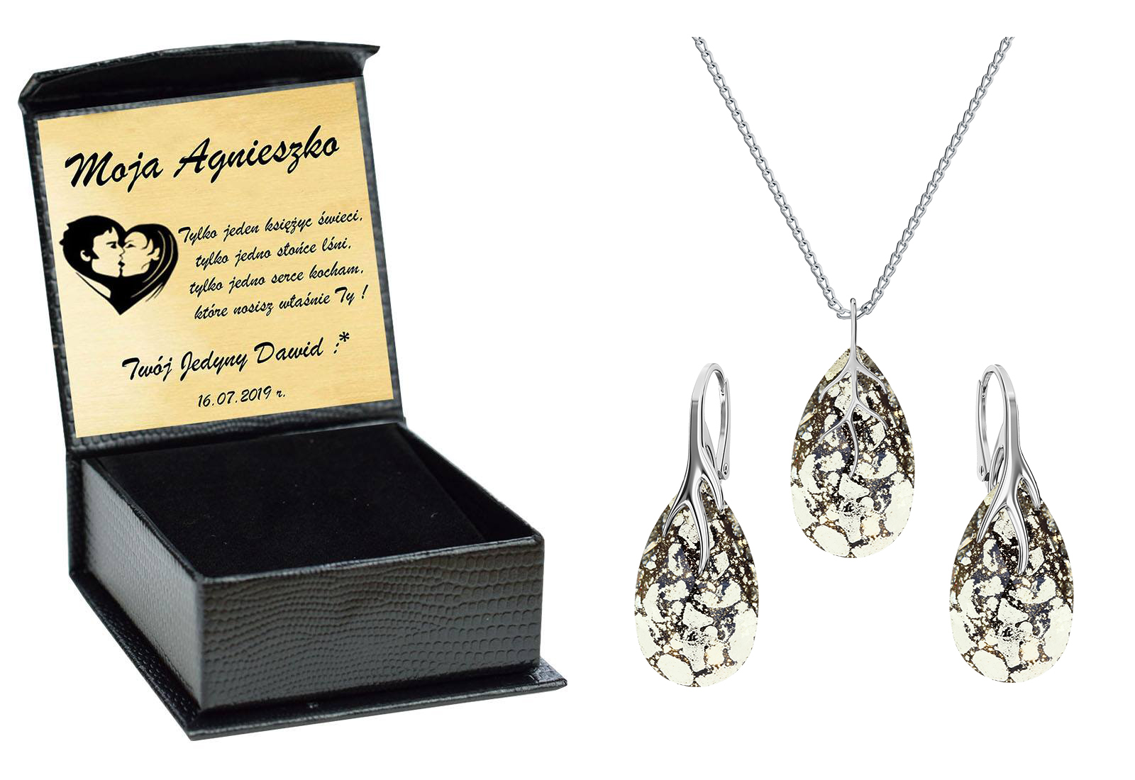 

Almond Drapieżny Srebrny Komplet Swarovski Grawer