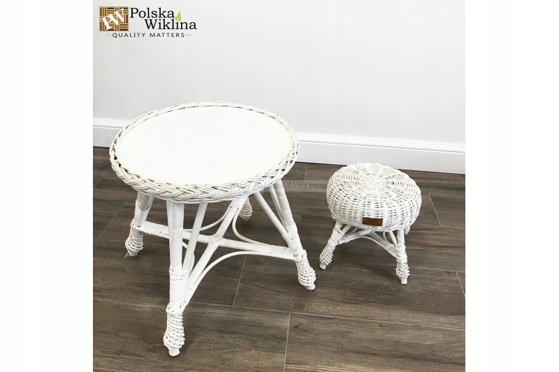 STOLIK WIKLINOWY DLA DZIECI OKRĄGŁY WYBIELONY Wysokość mebla 43 cm