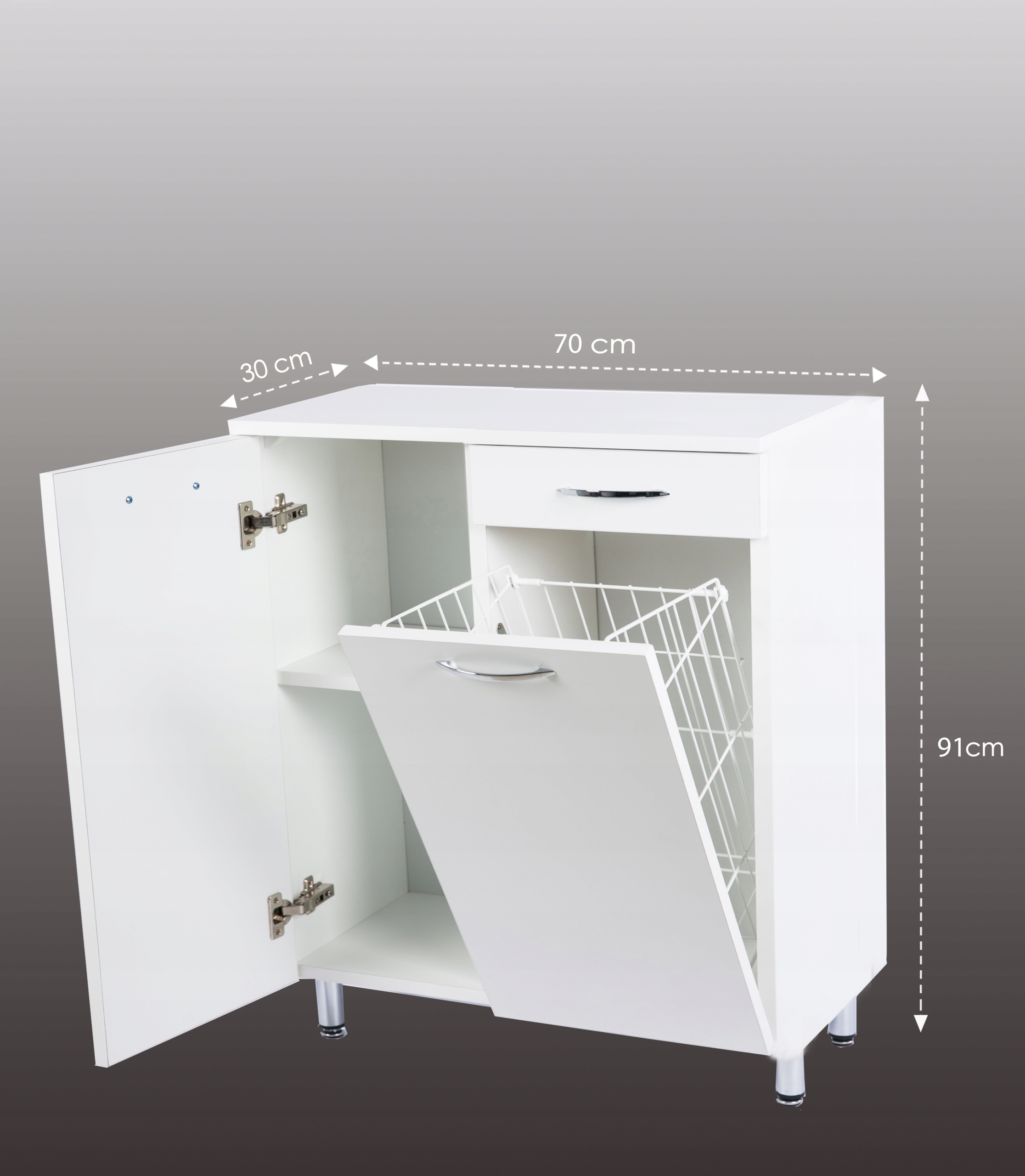 SZAFKA ŁAZIENKOWA STOJĄCA Z KOSZEM, POŁYSK, DOMYK