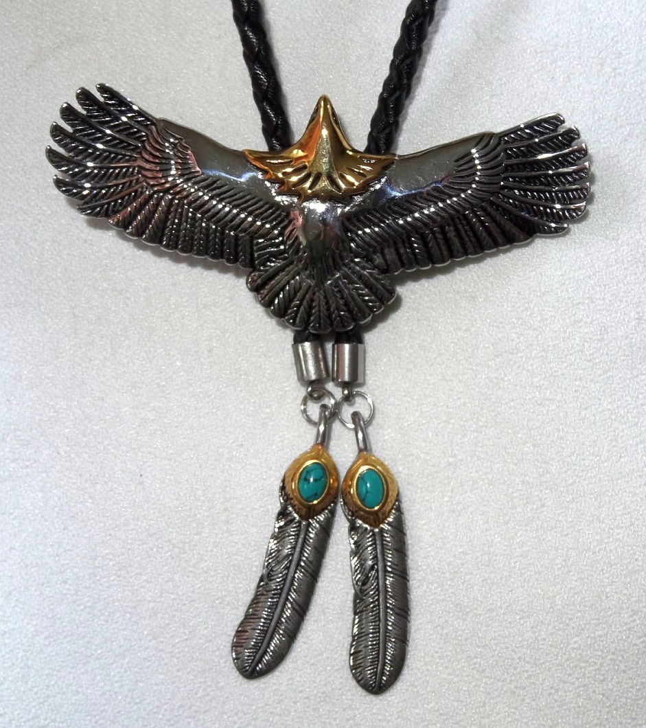 Bolo Orel z oceli s tyrkysovými kravatami western pletenina přírodní kůže