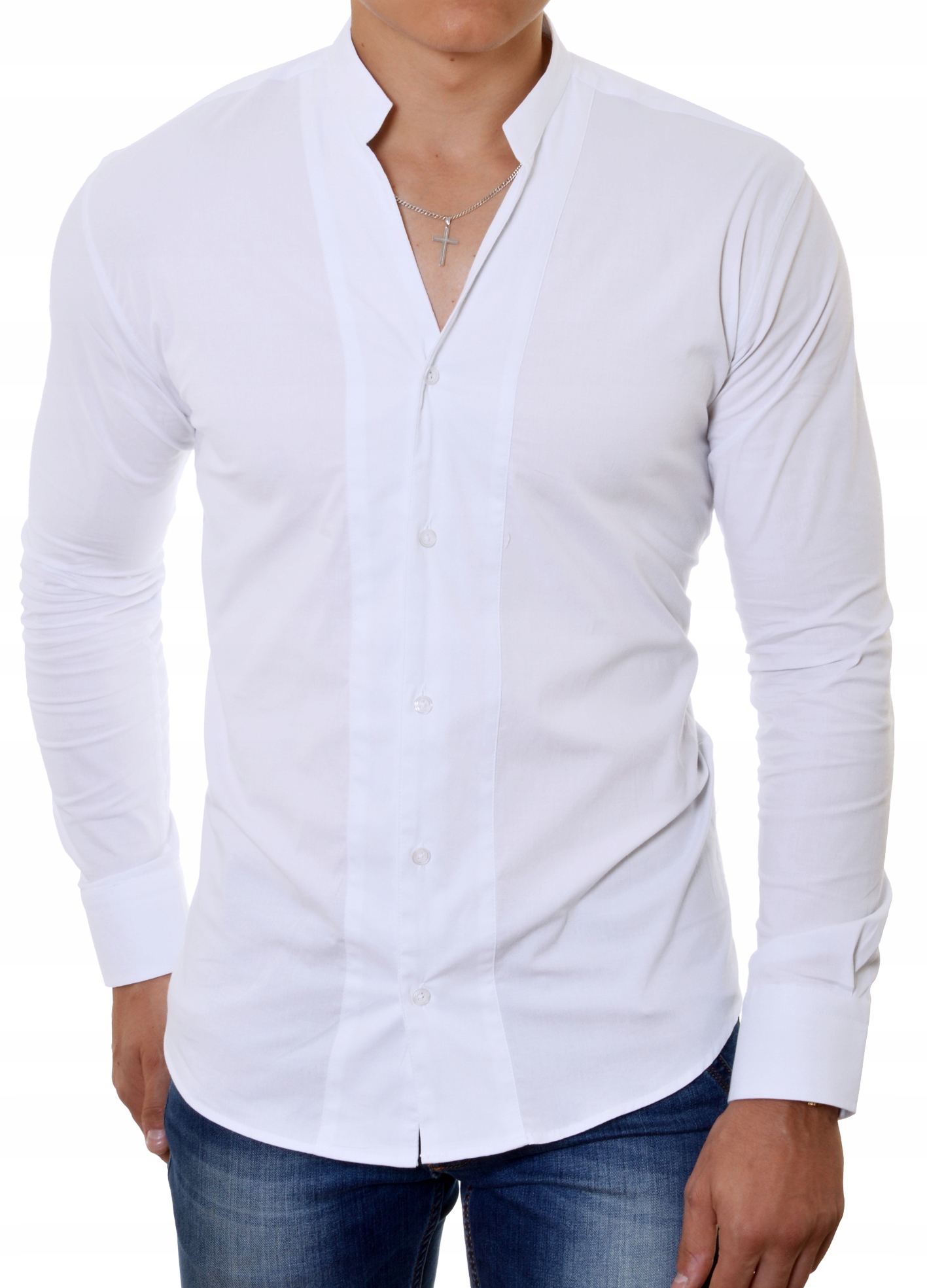 

Koszula Męska Biała Czarna Slim Prezent Vneck Ślub