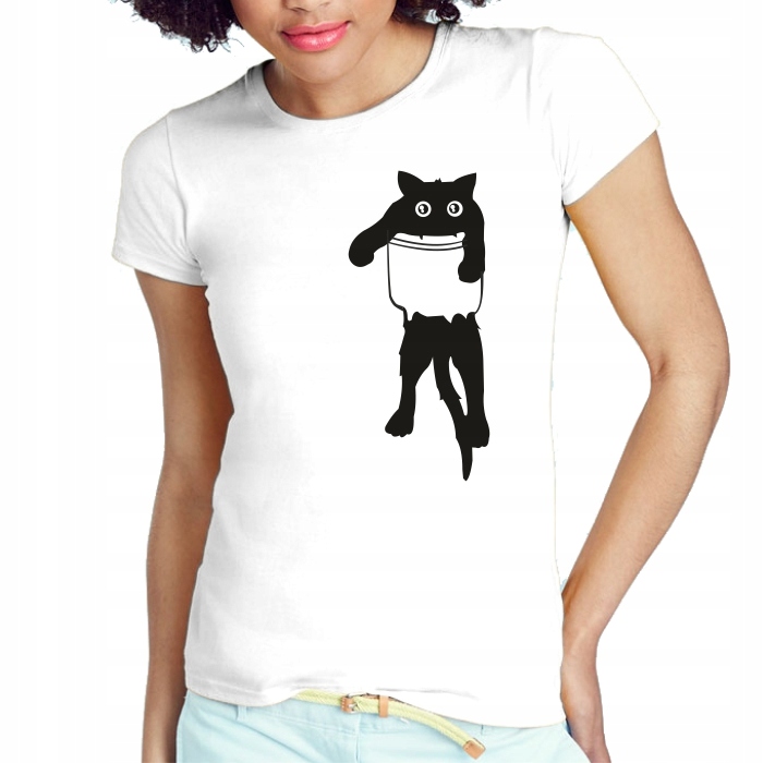 

Koszulka Damska Z Kotem T-shirt Kot W Kieszonce -s