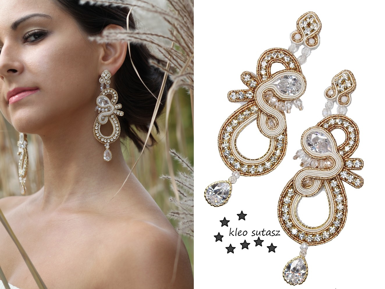 KOLCZYKI ŚLUBNE ZŁOTE ECRU SUTASZ PIĘKNE DŁUGIE 8 Marka Kleo Sutasz