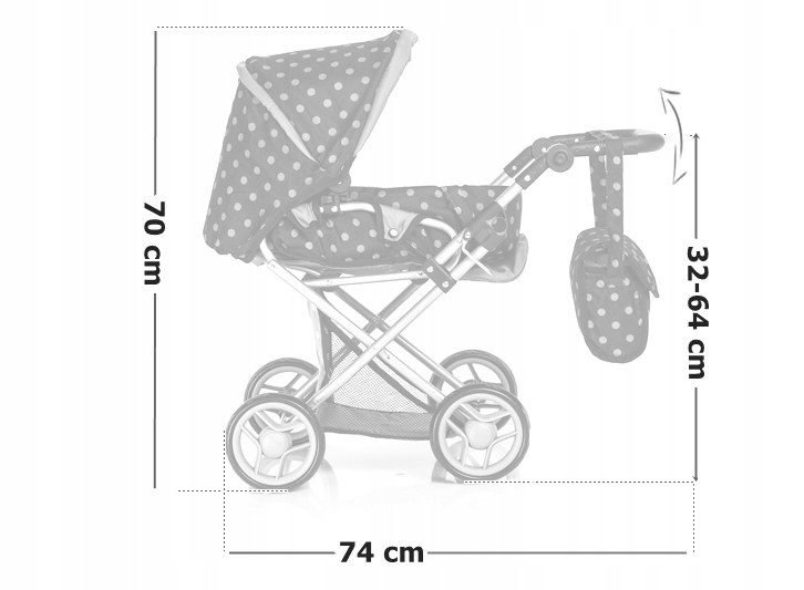 Doris wózek dla lalek SPACERÓWKA GONDOLA TORBA 3w1 Wysokość produktu 70 cm