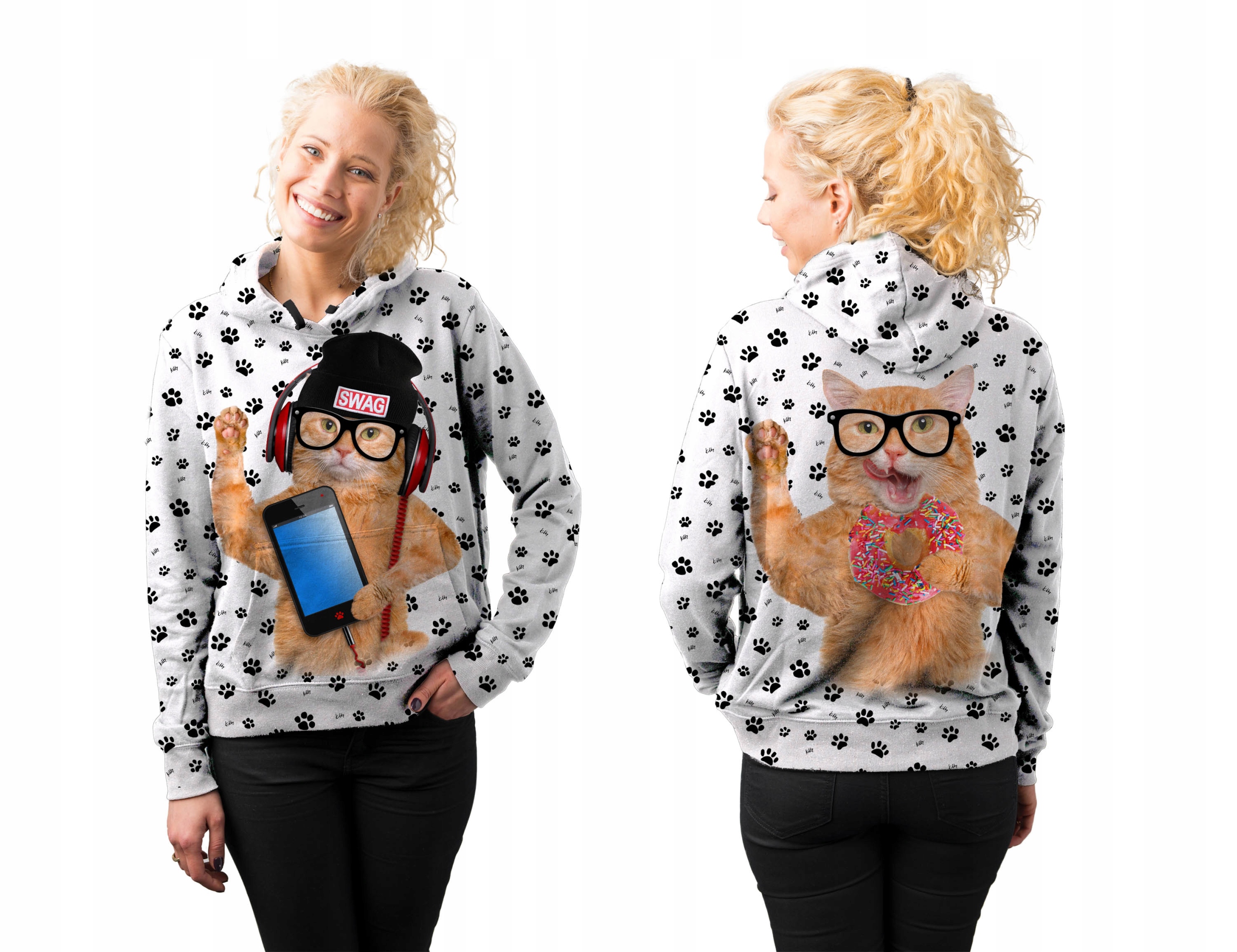 

Bluza Damska Print M Kot Telefonem Kapturem Biała