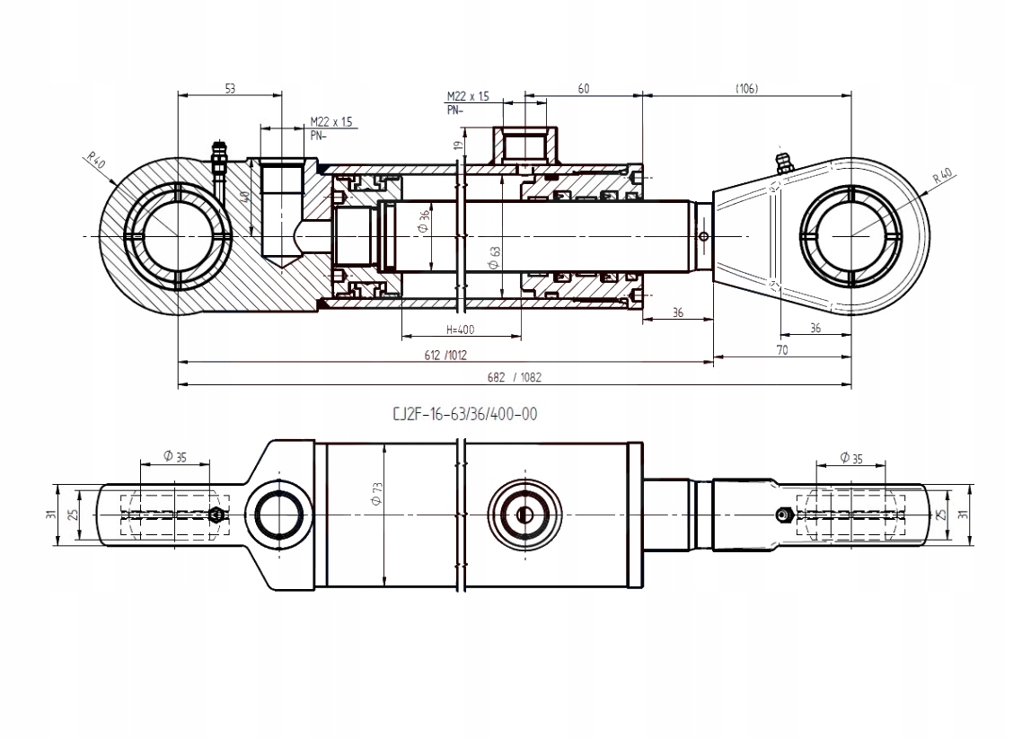 SIŁOWNIK HYDRAULICZNY CJ2F 63x36 SKOK 400 CHWYTAK Numer katalogowy części 0063.CJ2F.63.36.400