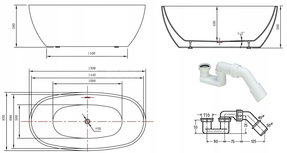 ODIN 150x80 WANNA WOLNOSTOJĄCA + SYFON CHROM Marka The North Bath