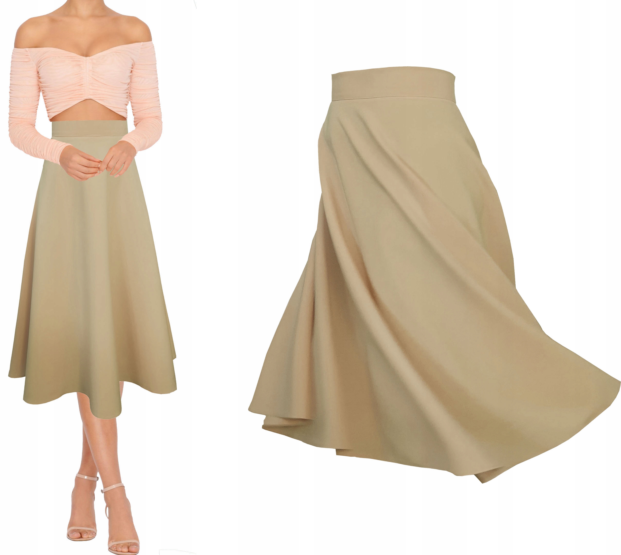 S 73cm BEŻOWA spódnica z półkoła długa midi 36