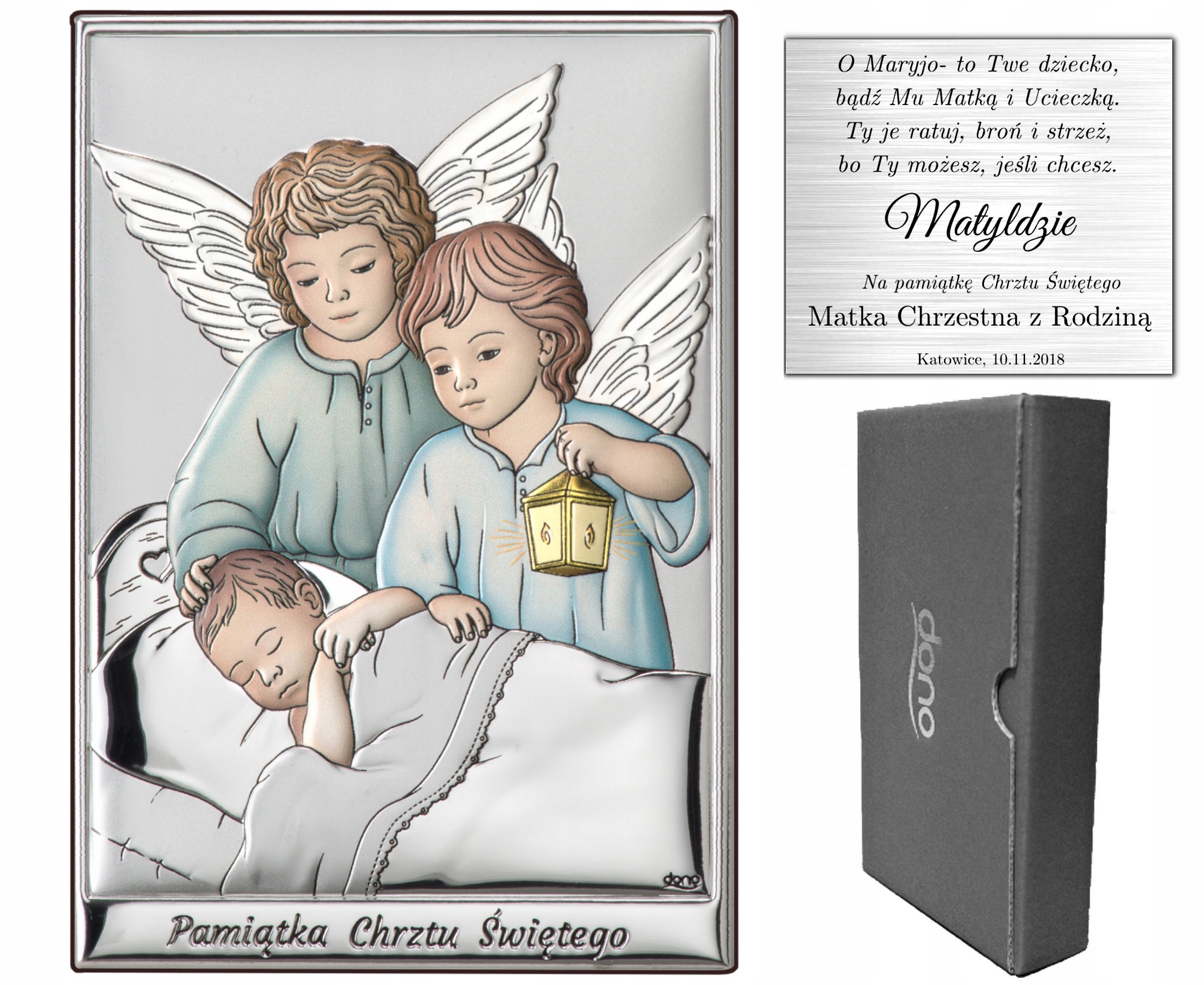 Stříbrný Obrázek Anděl Suvenýr Křtu Gravírování