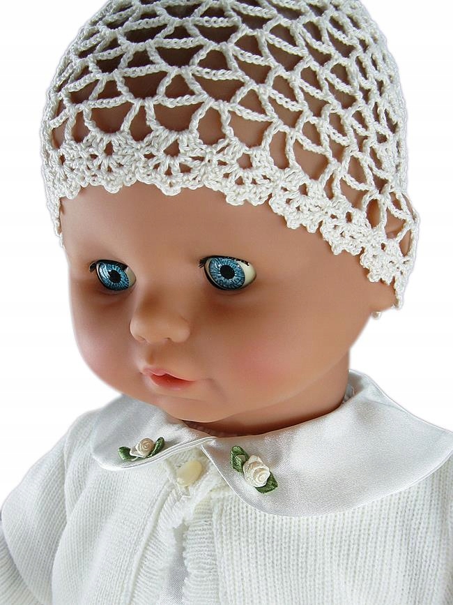 Czapeczka do chrztu dziergana dla dziewczynki Rozmiar 40-44 cm