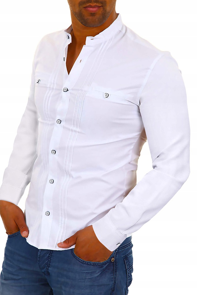

Stylowa Biała Koszula Ze Stójką Slim - XL