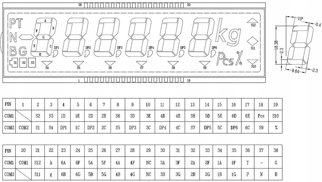 ART LCD 6 cyfr + symbole (kg, Pcs) Transflective SMD nie